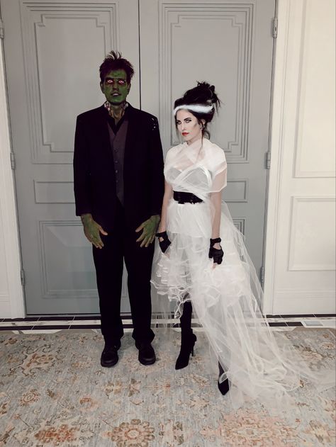 Recreating last year's Halloween Costumes... - Rach Parcell Lily Munster Halloween Costume, Monster Bride Costume, Bridal Party Halloween Costumes, Modern Frankenstein And Bride Costume, Wife Of Frankenstein Costume, Diy Frankenstein Costume Men, Frankinstine Costume, Modern Bride Of Frankenstein Costume, Frankenstein Wife Costume