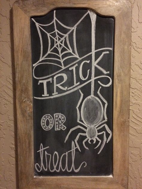 Halloween Chalkboard Art. Trick or Treat. Spider. Halloween Chalkboard Art, Fall Chalkboard, Chalkboard Art Quotes, Halloween Chalkboard, Chalkboard Wall Art, Chalkboard Doodles, Kitchen Chalkboard, Chalk Sign, Chalk Design