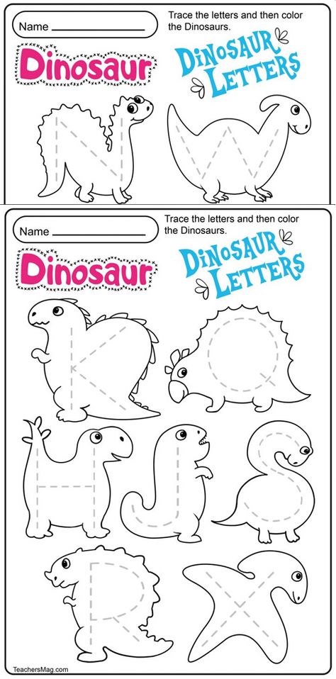 FREE! Dinosaur Letters. Trace the letters and then color the Dinosaurs Dinosaur Name Activities Preschool, Learning About Dinosaurs Preschool, Classroom Dinosaur Theme, Dinosaur Letter Activities Preschool, Dinosaur Directed Drawing Preschool, Prek Dinosaur Crafts, Dinosaur Writing Activities Preschool, Dinosaur Lesson Plans For Preschool, Dinosaur Literacy Activities Preschool