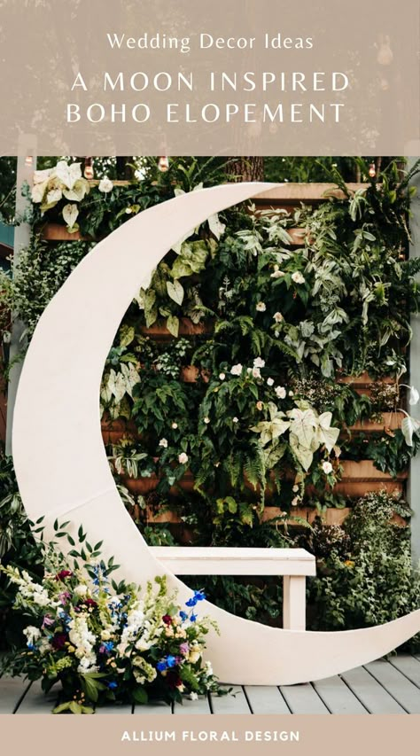 Moon Wedding Arch Diy, Sun And Moon Centerpieces, Wedding Moon Arch, Moon Theme Party Decor, Boho Floral Centerpieces, Moon Centerpiece Ideas, Boho Ceremony Decor, Moon Arch Wedding, Boho Reception Decor