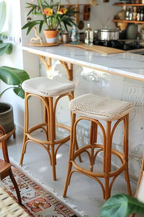 Bohemian Stools: Kitchen and Bar Seating Cute Kitchen Bar Stools, Boho Bar Stools, Apartment Bar, Boho Bar, Deck Dining, Kitchen Peninsula, Stools Kitchen, Industrial Minimalist, Surf Club