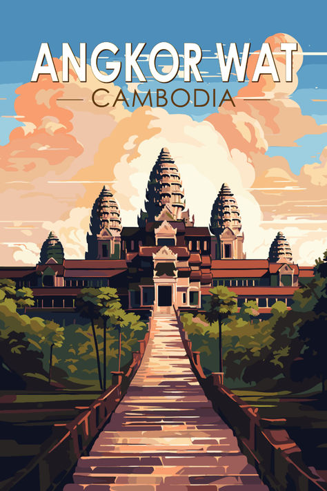 Retro style poster of Angkor Wat in Cambodia, featuring classic vintage design elements and rich colors to highlight the temple's historic beauty. Retro Vintage Poster, Retro Illustration Poster, Vintage Posters Art Retro, Pic Song, Sea Scrapbook, Vintage Posters Retro, Cambodia Art, Angkor Wat Cambodia, Cambodian Art