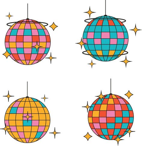 Disco Ball In Retro 1970s Style. Isolated On White Background. Vector Illustration Disco Dancing Illustration, Disco Illustration Graphic Design, Disco Illustration Art, 70s Illustration Graphics, Griting Card, Disco Clipart, Yearbook Backgrounds, Disco Ball Vector, 70s Clipart