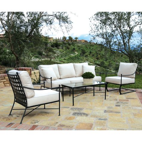 Sunset West Provence Wrought Iron 4 Piece Patio Conversation Set with Sunbrella Cushions Wrought Iron Outdoor Furniture, Resin Patio Furniture, Iron Patio Furniture, Wrought Iron Patio Furniture, Backyard Furniture, Best Outdoor Furniture, Casas Coloniales, Patio Lounge, Sunbrella Cushions