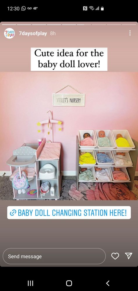 Girls Toy Room Ideas, Playroom Barbie Area, Playroom Doll Storage, Toy Corner Ideas, Playroom Organization Dolls, Babydoll Nursery Playroom, Doll Playroom Setup, Barbie Corner Playroom, Babydoll Playroom