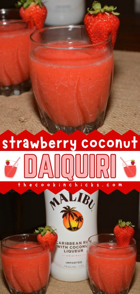 The perfect summer drink idea! It's an easy Memorial Day cocktail or 4th of July cocktail recipe with just 5 ingredients. Nothing hits the spot like this Strawberry Coconut Daiquiri. It's a refreshing frozen drink! Fruity Sweet Alcoholic Drinks, Blended Alcoholic Drinks Recipes, Easy Strawberry Daiquiri Recipe, Koolaid Alcoholic Drink, Easy Frozen Cocktails, Easy Summer Mixed Drinks Alcohol, Easy Frozen Cocktail Recipes, Easy Frozen Drinks Alcohol, Mixed Drinks Alcoholic Fruity