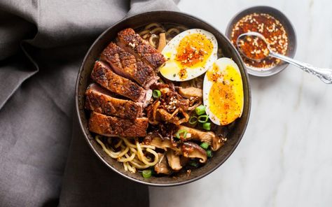 Crispy Duck Ramen with Porcinis and a Spicy Shallot Oil | Tried & True Recipes Duck Ramen Recipe, Duck Ramen, Ramen Soup Recipes, Crispy Duck, Bowl Of Noodles, Ramen Broth, Homemade Ramen, Ramen Noodle Recipes, Ramen Soup