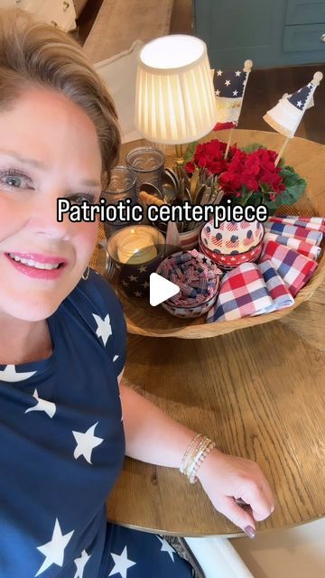 Tina Schaible on Instagram: "PATRIOTIC CENTERPIECE ❤️🤍💙 it’s #tonitinatabletops day and I’m changing up the elements from last weeks centerpiece styling to be patriotic! @toni_marianna is bringing in her ❤️🤍💙 too, go see what she’s doing. 

This is my favorite kind of centerpiece.  Practical but pretty, especially in the kitchen!

❤️comment SHOP for links & check your DMs 💙" Veterans Day Table Centerpieces, Elegant Red White And Blue Centerpieces, Patriotic Flower Centerpieces, Red White And Blue Floral Arrangements Table Centerpieces, Red White And Blue Centerpieces Center Pieces Table Decorations, Patriotic Centerpieces, Table Centerpieces, Bring It On, Instagram