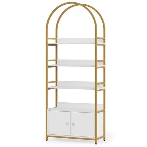 Bookcase With Cabinet, Gold Etagere, Decorative Bookshelves, Jewelry Store Interior, Decorative Shelving, Modern Bookshelf, Door White, Mobile Boutique, Etagere Bookcase