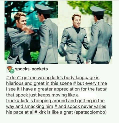 Not to mention that every time CP gets over animated, I hear "AGONY!" in my head. Space Husbands, Kirk Spock, Star Trek Reboot, Spock And Kirk, Star Treck, Star Trek Funny, Star Trek Into Darkness, So Annoying, Star Trek Starships