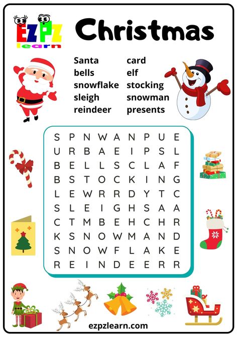 Kid's Christmas Word Search - Ezpzlearn.com Christmas Crosswords, Winter Worksheets For Kids, Printable Christmas Word Search, Christmas Worksheets Kindergarten, Christmas Crossword, Ingles Kids, Easy Word Search, Holiday Worksheets, Christmas Word Search