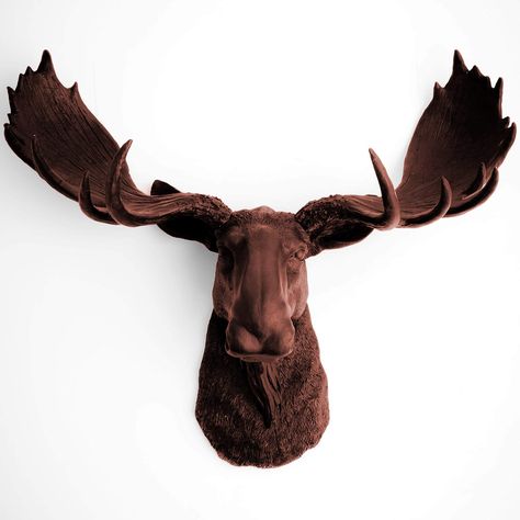 PRICES MAY VARY. *Moose Head Specs* Size 24.25W x 18.5H x 8.25D (in.) Approx. 6lbs. Artisan-crafted modern moose decor in hand-painted brown resin with brown antlers. Bespoke contemporary animal wall art by White Faux Taxidermy. *Unique Exclusivity* Handpainted by a professional artist in Cincinnati, Ohio. Enjoy the individual subtleties and slight variations of this brown faux moose head, as is the beauty and charm of handcrafted goods. *Priceless Peace of Mind* Harmless faux taxidermy, designe Moose Head Decor, Animal Heads On Wall, Deer Head Decor, Animal Wall Mount, Fake Walls, White Faux Taxidermy, Moose Decor, Cabin Interior Design, Modern Farmhouse Wall Decor