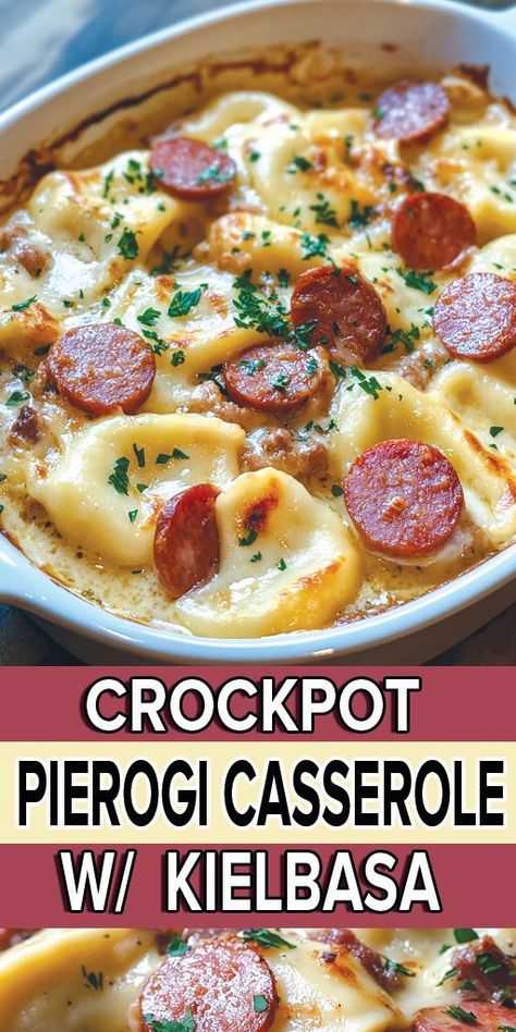 Crockpot Pierogi Casserole with Kielbasa Ingredients: 3 packages of Mrs. T’s Cheddar Pierogies 4 cups chicken broth 1 (8-ounce) block cream cheese 1 cup shredded cheddar cheese 1 pound kielbasa, sliced Salt and pepper to taste #Crockpot #Pierogi #Casserole #Quickrecipe Pierogi Casserole With Kielbasa, Crockpot Pierogi Casserole, Kielbasa Crockpot, Pierogies And Kielbasa, Kielbasa Recipe, Pierogi Casserole, Kielbasa Recipes, Kielbasa Sausage, Cheesy Casserole