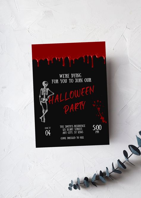 Editable halloween party invitation perfect for your next halloween costume party. This halloween themed invitation can be edited yourself using Canva. If you choose to print yourself the print size is 5x7 and can be printed on cardstock invitation paper. You can also have the completed file taken to your local print shop and have them print. Can also be saved as an image to use as a text invitation or email invitation. All the wording is editable. Details:  dripping blood and skeleton design, H Halloween Costume Party Invite, Happy Halloween Font, Costume Party Invite, Halloween Costume Party Invitations, Dripping Blood, Nail Practice, Halloween Text, Halloween Writing, Happy Halloween Signs