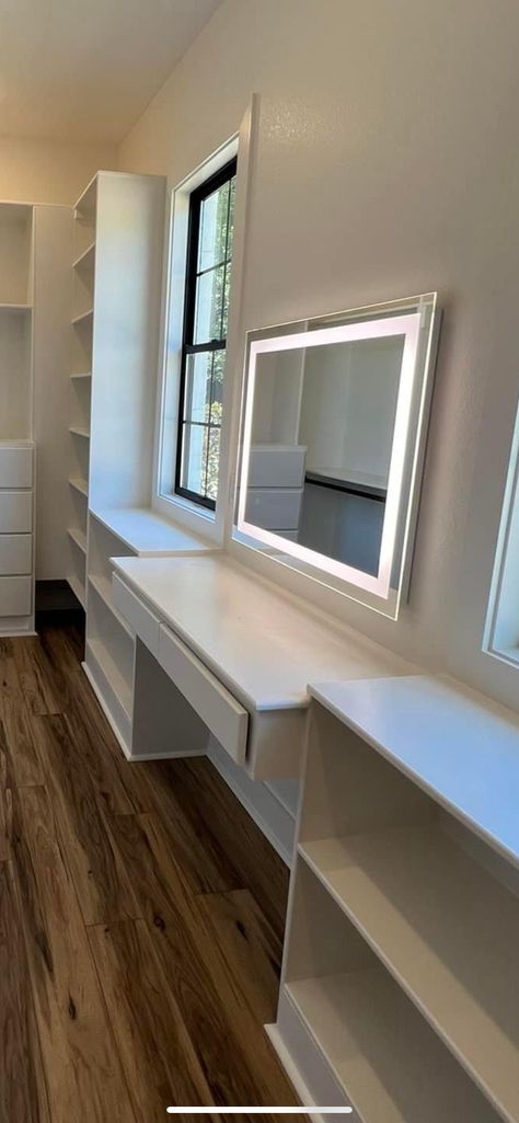 Closet Room With Vanity, Walk In Closet With Makeup Vanity, Vanity In Master Closet, Built In Vanity In Closet, Master Closet With Vanity, Built In Vanity In Bedroom, Walk In Closet Ideas With Vanity, Closet With Vanity, Vanity In Bedroom