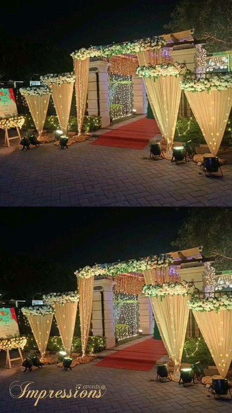 Marriage Hall Decoration, Stage Decoration Photos, Small Wedding Decor, Engagement Stage Decoration, Wedding Gate, Reception Stage Decor, Simple Stage Decorations, Night Wedding Decor, Gate Decoration