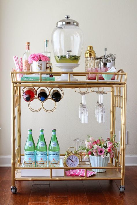 Upgrade Your Bar Cart With These 7 Affordable DIY Ideas Bar Deco, Bar Mini, Gold Bar Cart, Bar Cart Styling, Drinks Trolley, Mini Bars, 1 August, Bar Cart Decor, Apartment Life