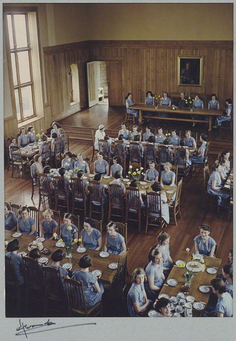 The Refectory of St. James’ School, Malvern, c. 1934  Madame Yevonde Madame Yevonde, Boarding School Dorm, Apocalypse Oc, Boarding School Aesthetic, School Dorm, Finishing School, A Series Of Unfortunate Events, Vintage School, Poses References