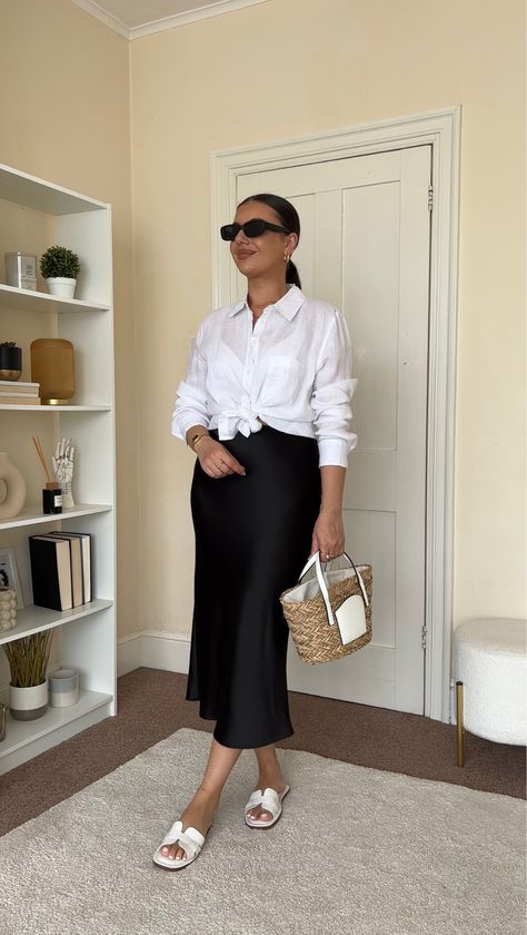 Linen Shirt Over Dress Outfit, Satin Skirt Button Down Shirt, Satin Dress As Skirt, Shirts With Skirts Outfit, Satin Skirt And Shirt Outfit, White Shirt And Dress Outfit, Black Shirt Summer Outfit, Long Dress With Shirt Over Outfit, Black Shirt Dress Outfit Classy