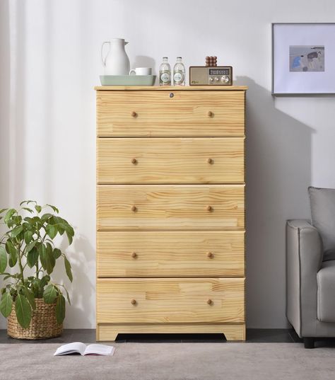 PRICES MAY VARY. This super jumbo chest of drawers is crafted from solid pine wood. Five smooth-running jumbo drawers on metal slides with a safety pull-out stop. The top drawer includes a lock and key to keep your valuables safe. Overall Dimension: 17.5” D x 32.5” W x 44.5” H. Drawer Dimension: 14” D x 28.25” W x 7” H. Mid-century modern design and traditional style seamlessly combine in this Chest Dresser. Crafted of sustainably sourced pine wood, this chest of drawers strikes a boxy silhouett Chest Of Drawer, House Cottage, Beach Room, Chest Dresser, Dark Home, Oak Hill, 5 Drawer Chest, Bedroom Furniture Dresser, Furniture Finishes