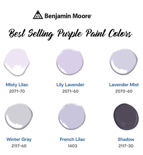 Benjamin Moore Best-Selling Purple Paint Colors - Interiors By Color Benjamin Moore Misty Lilac, Benjamin Moore Purples, Benjamin Moore Lily Lavender, Benjamin Moore Lavender Mist, Benjamin Moore Lavender Paint, French Lilac Benjamin Moore, Lavender Mist Benjamin Moore, Lily Lavender Benjamin Moore, Light Lilac Paint Color