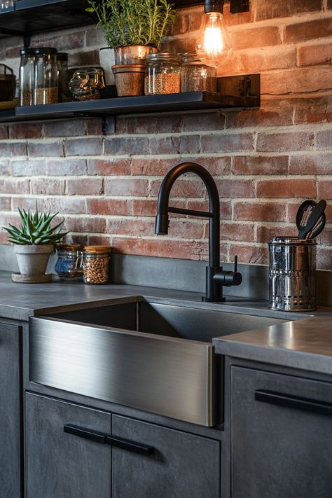 Discover the latest kitchen design featuring exposed brick, sleek black fixtures, and ample storage. This industrial chic style brings a cozy yet modern vibe to your home. Perfect for culinary enthusiasts! #KitchenDecor #HomeDesign #IndustrialStyle Black Kitchen Brick Backsplash, Black Kitchen Exposed Brick, Kitchen Design Brick Wall, Brick Backsplash Black Cabinets, Black And Brick Kitchen, Industrial Kitchen Apartment, Industrial Kitchen Decor Ideas, Black Brick Kitchen, Exposed Brick Kitchen Backsplash