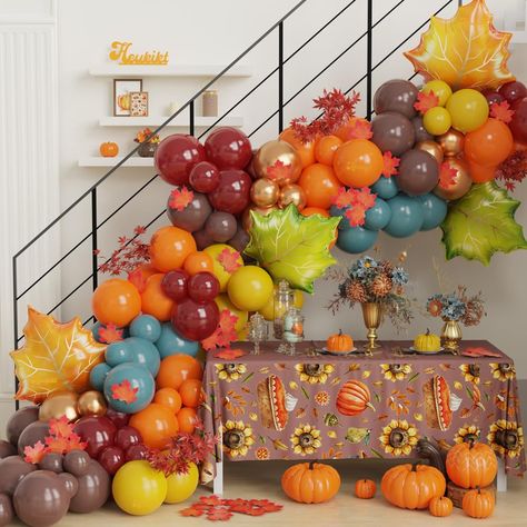 PRICES MAY VARY. Fall Balloon Garland Kit: Including 4pcs 50x42cm Maple Leaves foil balloons; 25pcs orange latex balloons; 25pcs brown latex balloons; 25pcs Mustard Yellow latex balloons; 25pcs Burgundy latex balloons; 25pcs dusty blue latex balloons; 20pcs metallic gold latex balloons; 50pcs fake Maple Leaves; 3pcs accessories Premium Material: All of our latex balloons are made of natural non-toxic latex. All materials are of high quality and good safety, please feel easy to use. With thick sk Fall Balloon Garland, Harvest Birthday Party, Balloon Arch Tape, Friendsgiving Decorations, Thanksgiving Party Decorations, Pumpkin Birthday Parties, Fall Harvest Party, Thanksgiving Friendsgiving, Fall Birthday Parties