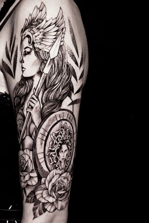 Athena Tattoo Ideas Athena Sleeve Tattoo, Valkyrie Tattoo Sleeve, Athena Medusa Tattoo, Athena Tattoo Goddess Sleeve, Amazon Warrior Tattoo, Indian Lady Tattoo, Valkaryie Tattoo, Ephesians Tattoo, Woman Warrior Tattoo Goddesses