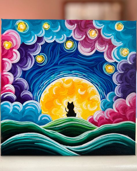 I’M VERY LUCKY to have kids who never cease to inspire me! As long as they’re around I’ll never suffer from artist block 😅 Joey came up with this idea for a painting and I just had to make it come true for him. The kid loves kitty cats and kitty cats love him! Ben was the mastermind behind the UFO painting (which was a huge hit at Art Walk!) - don’t worry, I always divy up the profits with them 😜 #momswhopaint #creativemotherhood #motherhoodrising #doitfortheprocess #canadianartist Cat And Moon Painting, Cat And Moon, Painting Cat, Moon Cat, Art Night, Positive Art, Cosmic Art, Star And Moon, Moon Painting