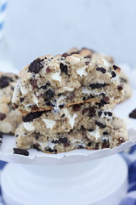 Cookies & Cream Cookies - Baking with Blondie Big Chunky Cookie Recipe, Levain Cookies And Cream, Chunky Cookies Aesthetic, Hersheys Cookies And Cream Cookies, Cookie Recipes With White Chocolate Chip, Baking With Blondie Cookies, Cookies And Cream Bread, Big Fluffy Cookies, Big Bakery Cookies