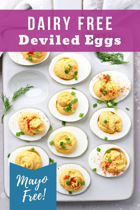 Dairy Free Deviled Eggs Recipe, Mayo Free Deviled Eggs, Gluten And Dairy Free Deviled Eggs, Dairy Free Deviled Eggs, Non Dairy Appetizers, No Mayo Deviled Eggs, Deviled Eggs Without Mayo, Deviled Eggs No Mayo, Lean Recipes