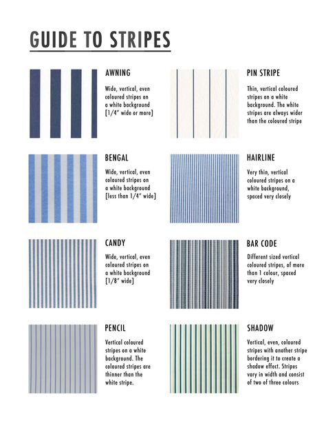 d-e-si-g-n: A guide I made to show the different types of stripes let me know if you want more like this Types Of Stripes Pattern, Checks And Stripes Patterns, Types Of Printing Techniques, Stripes Pattern Design Fabrics, Mixing Patterns Fashion, Clothing Fabric Patterns, Striped Clothes, Stripes Pattern Design, Types Of Patterns