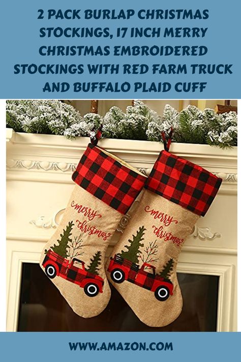 Experience the cozy charm of Christmas with our soft and stylish stockings! Crafted from a blend of check cloth, non-woven cloth, and linen cloth, these stockings feature a red and black buffalo plaid cuff design that adds a traditional touch to your holiday decor. With lovely Christmas elements and colors, they exude classic and rustic vibes. The stockings showcase an embroidered red truck tree and "Merry Christmas" design, bringing a warm holiday atmosphere to your home. Xmas Fireplace, Plaid Christmas Stockings, Burlap Christmas Stockings, Embroidered Stockings, Burlap Stockings, Vintage Burlap, Holiday Christmas Party, Gift Holders, Hanging Stockings