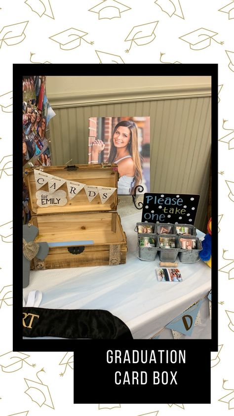 Diy Grad Party Card Box Ideas, Grad Gift Table Ideas, Diy Grad Card Box Ideas, Graduation Party Ideas Card Holder, Graduation Party Table Set Up Layout, Graduation Party Entrance Table, Graduation Fireplace Decor, Graduation Achievement Table, Graduate Table Ideas