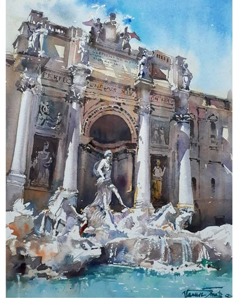 Watercolor on handmade paper ( painting for sale ) Something different.. Let me know your views Paper size - A3 ( 30 * 42 cm ) 300 gsm… | Instagram Watercolor Italy, Baroque Building, Rome Painting, Trevi Fountain Rome, Architecture Baroque, Artwork Watercolor, Watercolor Architecture, Architecture Painting, Trevi Fountain