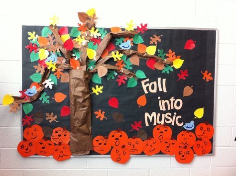 Fall into Music bulletin board for your music classroom Music Classroom Bulletin Boards, Autumn Music, Music Education Activities, Music Bulletin Board, Elementary Music Room, Music Education Games, Music Bulletin Boards, Music Classroom Decor, Music Class Activities