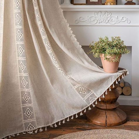 Cortinas Boho, Farmhouse Chic Decor, Beige Curtains, Bohemian Curtains, Rustic Window, Tassel Curtains, Vintage Curtains, Boho Curtains, Crochet Curtains