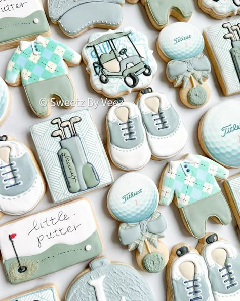 Little putter on the way. Golf themed baby shower in pastel blues and greens with an argyle print. My favorite are the little golf shoes.   #golfcookies #golfbabyshower #golftheme #babyshowercookies #boybabyshower #sacramentoevents #sacramentobaker" Vintage Golf Baby Shower Ideas, Golf Party Cake Ideas, Baby Boy Golf Shower Ideas, Golf Baby Shower Cookies, Golf Themed Cookies, Golf Baby Shower Theme, Baby Shower Golf Theme, Golf Themed Baby Shower Ideas, Golf Baby Shower Ideas