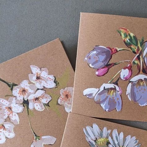 Gouache Cards, Gouache Card, Painting On Brown Paper, Gouache Flowers, Door Painting, Diy Paintings, Flowers Cards, Watercolour Card, Art Mediums