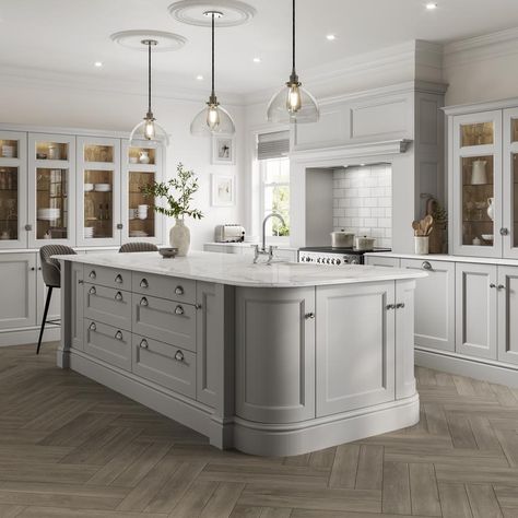 Choose these vinyl boards with a herringbone pattern to add an eye-catching design in soft pearl grey oak finish. Shaker Style Kitchens With Island, Large Shaker Kitchen, Elmbridge Dove Grey, Howdens Elmbridge Kitchen, Howdens Kitchen Shaker, Elmbridge Kitchen, Howdens Shaker Kitchen, Classic Kitchen Design Luxury, Shaker Kitchen With Island