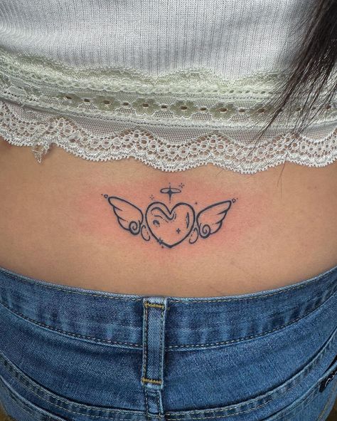 another heart w wings flash as a tramp stamp 💗💗 came out so cute ! — #stocktontattooartist #blacktattooartist #femaletattooartist #lineworktattoo #y2ktattoo #hearttattoo #trampstamp #lowerbacktattoo #wingstattoo Wings Tattoo Tramp Stamp, Angel Wings Tramp Stamp, Heart Tramp Stamp, Tramp Stamps, Tramp Stamp Tattoos, Back Tats, Henna Ideas, Angel Wings Tattoo, Tramp Stamp