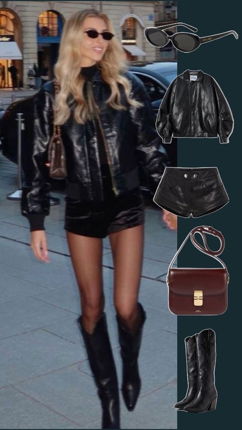 Leather micro shorts outfit. Black leather jacket outfit. Black cowgirl boots outfit. Cool girl outfit. Cowgirl Boots Outfit Fall, Micro Shorts Outfit, Outfit Black Leather Jacket, Black Cowgirl Boots Outfit, Short Boots Outfit, Winter Shorts Outfits, Cool Girl Outfit, Leather Shorts Outfit, Black Shorts Outfit