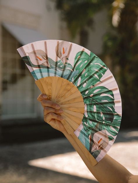 tropical hand fan wedding Tropical Fans, Tropical Birthday Party Favors, Wedding Fans For Guests Summer, Folding Fan Aesthetic, Tropical Accessories, Pink Hand Fan, Tropical Gifts, Tropical Birthday Party, Tropical Wedding Inspiration