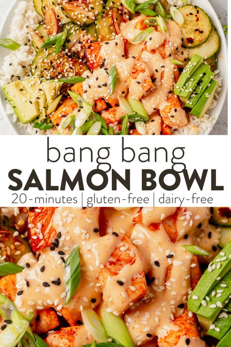 Bang Bang Salmon is the perfect weeknight dinner option when you need something quick and delicious that the whole family will love. Cook the salmon in 10-12 minutes for a quick weeknight dinner or meal prep them for lunches the next day. Salmon Best Recipe, Salmon Salad Bowls Healthy, Healthy Salmon Dip, Sushi Bowl With Salmon, Cauliflower Rice With Salmon, Baked Salmon Meal Prep, Airfry Salmon Bowl, Primal Kitchen Salmon Bowl, Salmon Bowl With Mango Salsa