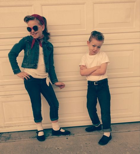 Decade Day! 1950s kids, spirit day, victory roll 😎 50s Dress Up Day At School Boy, Girls Decade Day Outfit, 50th Day Of School Kindergarten Dress Up, Girls 50s Outfit Kids Diy, Past Decade Spirit Week, 50s Attire For Kids, 1950s Dress Up Day At School, 50s Girls Outfits, 50s Day At School For Boys