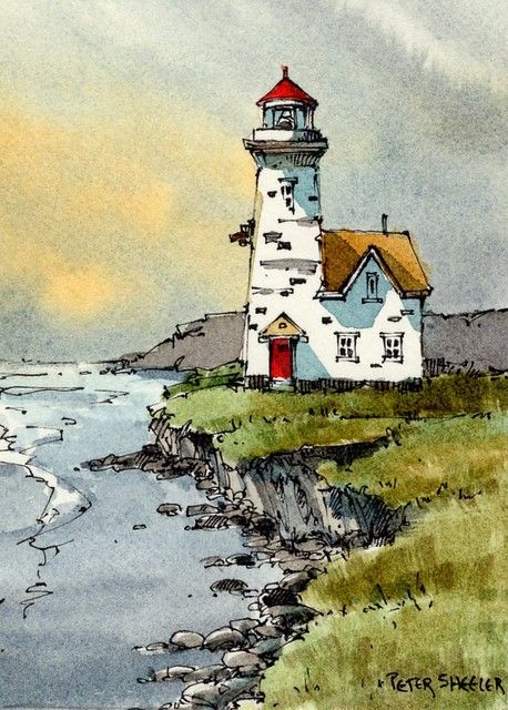 Peter Sheeler, Line And Wash, Watercolor Art Landscape, Watercolor Beach, Lighthouse Painting, Pen And Wash, Lighthouse Art, Watercolor Architecture, Canvas For Beginners