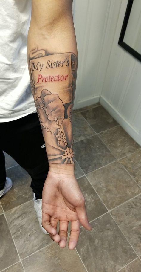 My Sisters Keeper Tattoo Men, My Sisters Protector Tattoo For Men, Protector Tattoo For Men, My Sisters Protector Tattoo, My Sister Protector Tattoo, Sisters Protector Tattoo, Sister Protector Tattoos, Men Upper Arm Tattoo, My Sisters Keeper Tattoo