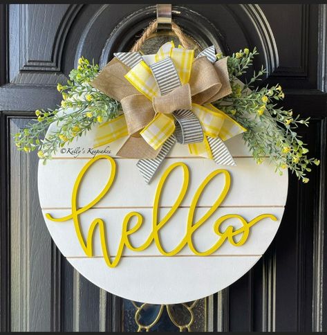 Wooden Circle Wreath, Yellow Door Hanger, Hello Signs Front Door, Shiplap Door Hanger, Summer Wreaths For Front Door Farmhouse, Hello Door Hanger, Round Door Hangers Wooden, Spring Door Hangers Wooden, Wood Wreaths For Front Door