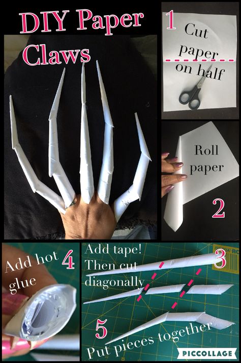 Halloween Claws Diy, How To Make Claws Out Of Paper, How To Make Paper Puppets, Paper Claws Tutorial, How To Make Claws, Fnaf Crafts Diy, Diy Claws, Cosplay Props Diy, Cardboard Accessories