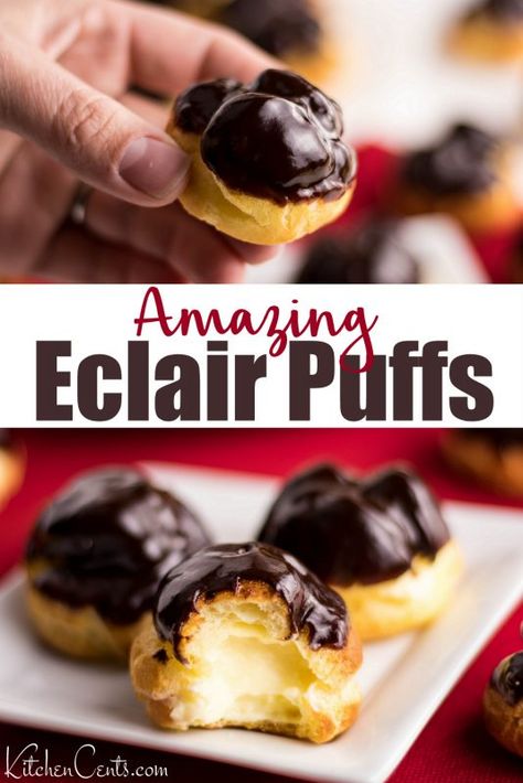 Easy Eclair Recipe, Eclair Puffs, Easy Eclairs, Cream Puffs Recipe Easy, Mini Eclairs, Eclairs Recipe, Chocolate Eclair Recipe, Eclair Recipe, Cream Puff Recipe